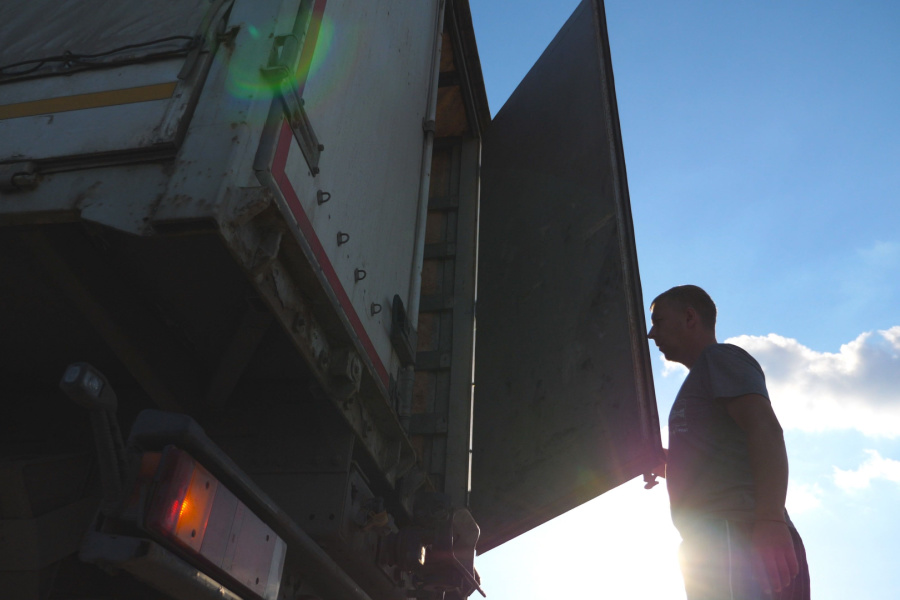 Driver checking freight in trailer